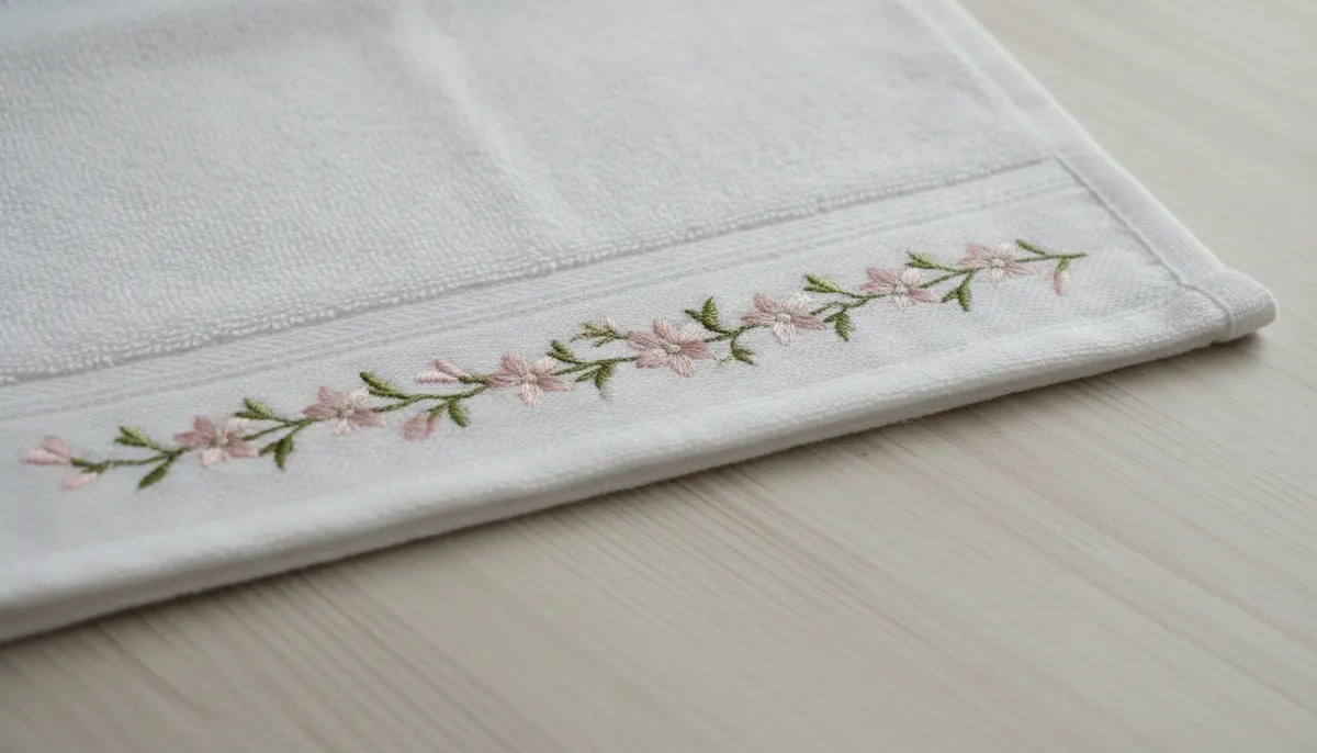 Toalha branca com um ramo de flores rosa bordado à máquina na barra