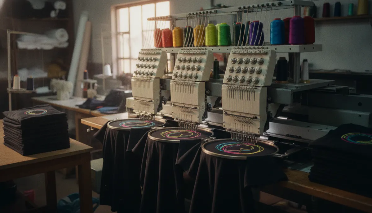 Máquina de bordar de várias cabeças bordando o mesmo emblema em camisetas pretas numa confecção