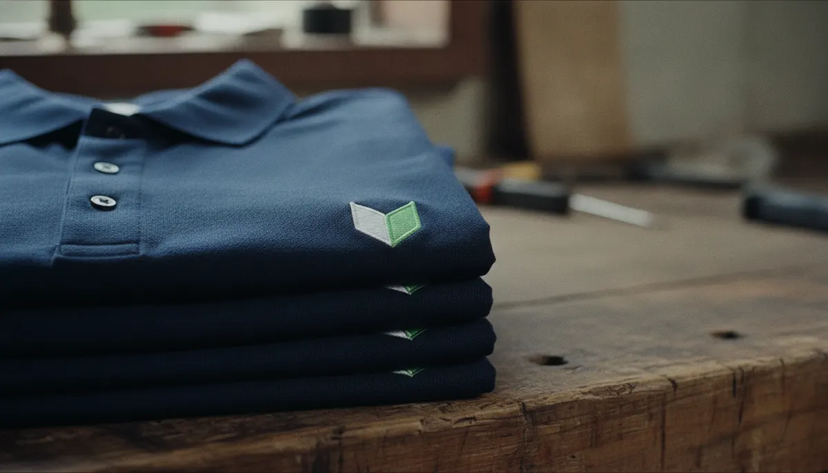 Camisas polo azul-marinho de uniforme empilhadas, com um emblema pequeno bordado no peito