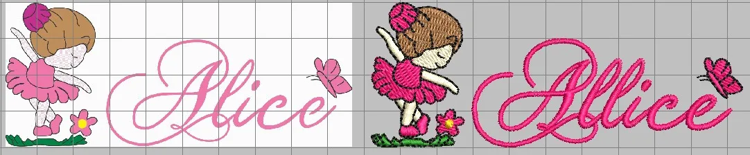 Bordado personalizado com bailarina e o nome Alice em letra cursiva: a arte à esquerda e a matriz programada à direita