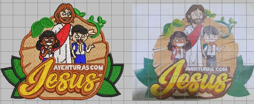 Logo Aventuras com Jesus: a matriz de bordado à esquerda e a arte original à direita