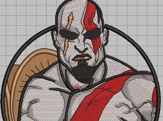 Detalhe da matriz do Kratos: rosto com sombras em tons de cinza e a tinta vermelha