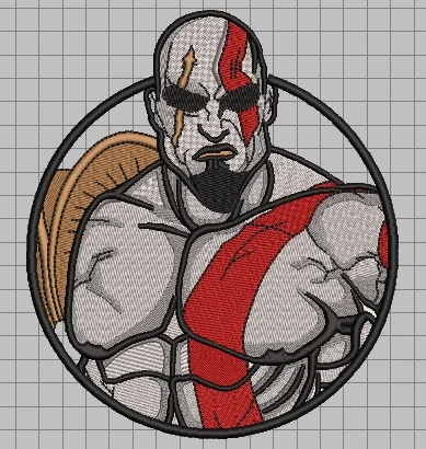 Matriz de bordado do personagem Kratos em patch redondo