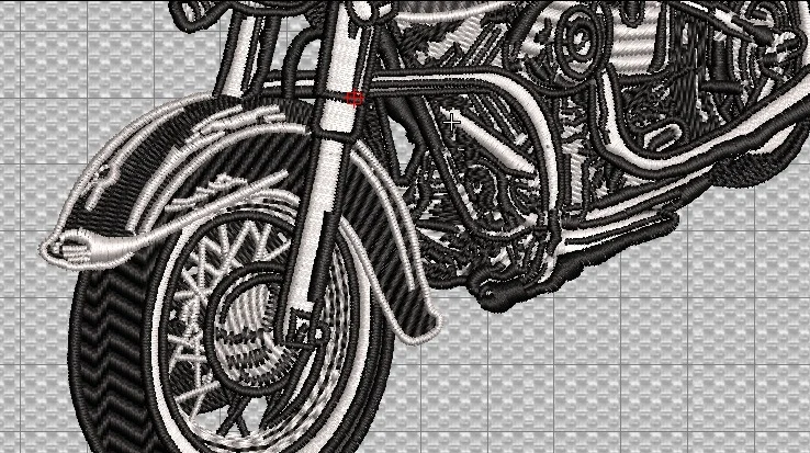 Detalhe da roda dianteira e do para-lama na matriz da motocicleta