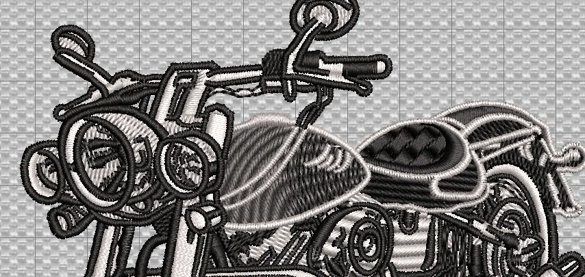 Detalhe do tanque e dos faróis na matriz da motocicleta
